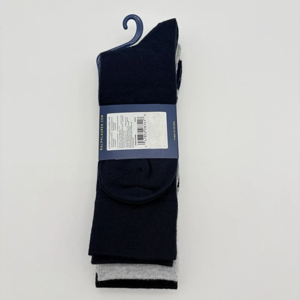 Polo Ralph Lauren Mens Casual Dress Socks 3 Pairs Navy Gray Striped 10-13 Crew